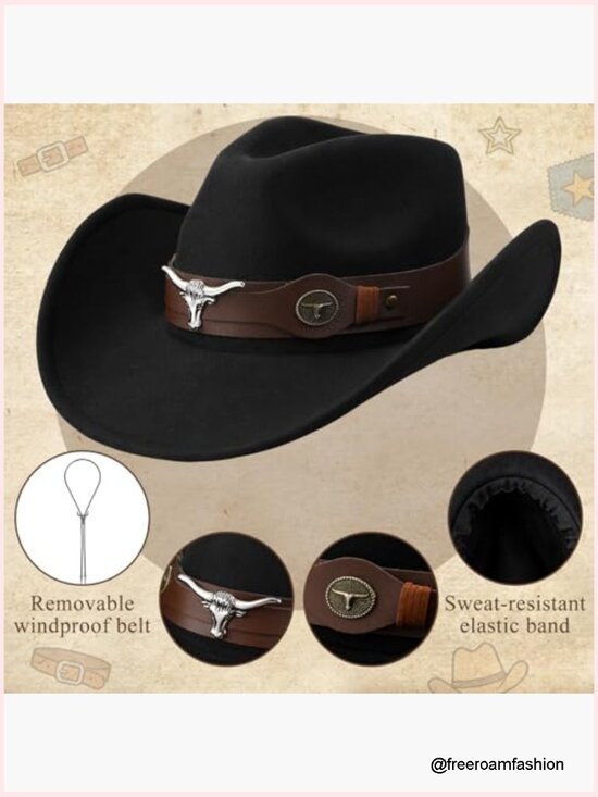 Western Cowboy Hat with Bolo Tie Felt Shapeable Wide Brim Unisex main image 5
